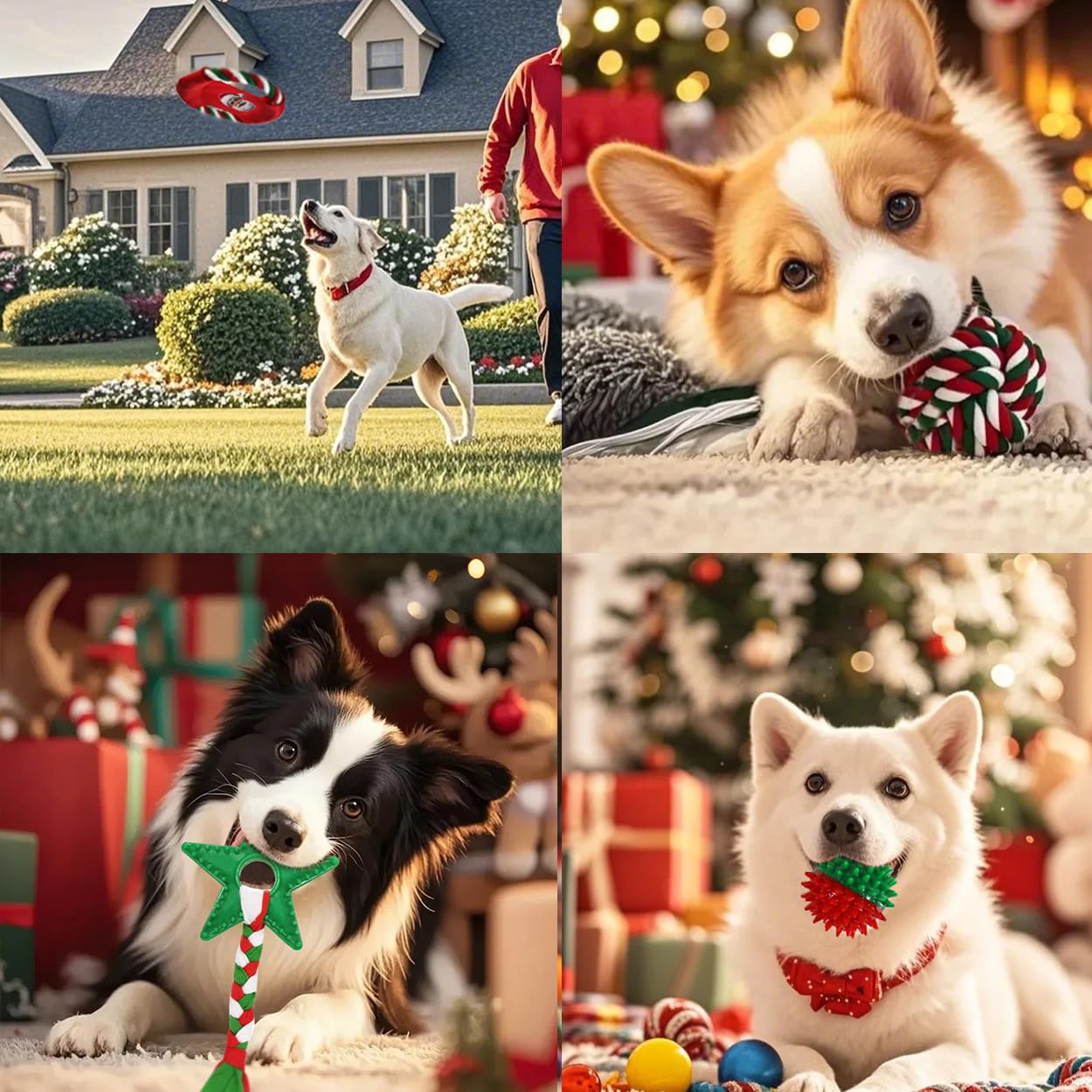 Juguetes de Navidad para perros, paquete de 15 juguetes masticables de goma para cachorros con juego de juguetes de cuerda, caja rígida interactiva para perros, entrenamiento para jugar a la