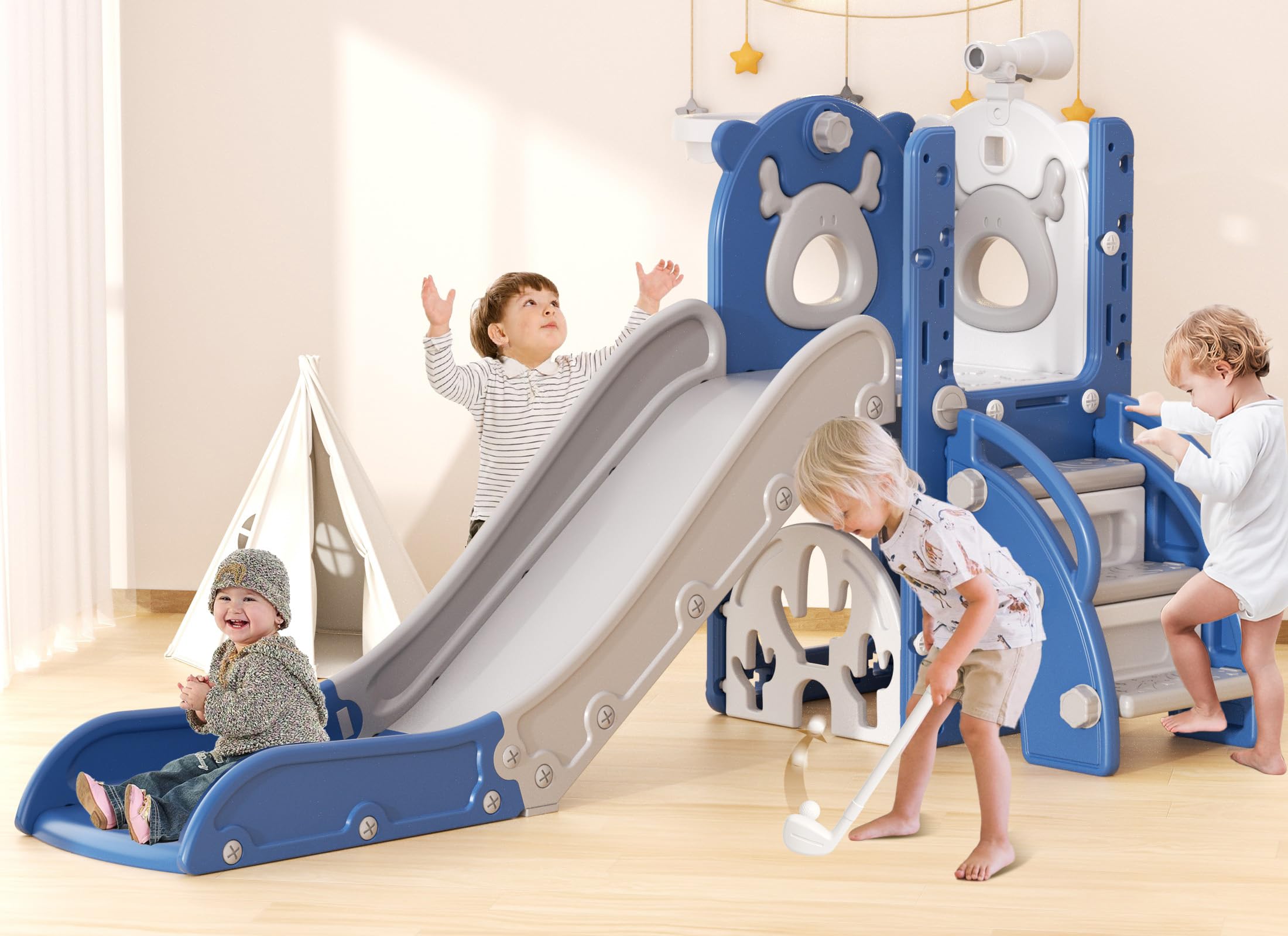 YUFU 7 in 1 Kids Slide for Toddlers, Toddler Slide Playset with Golf, Climber, Basketball Hoop and Ball, Indoor Outdoor Toddler Playground for Kids