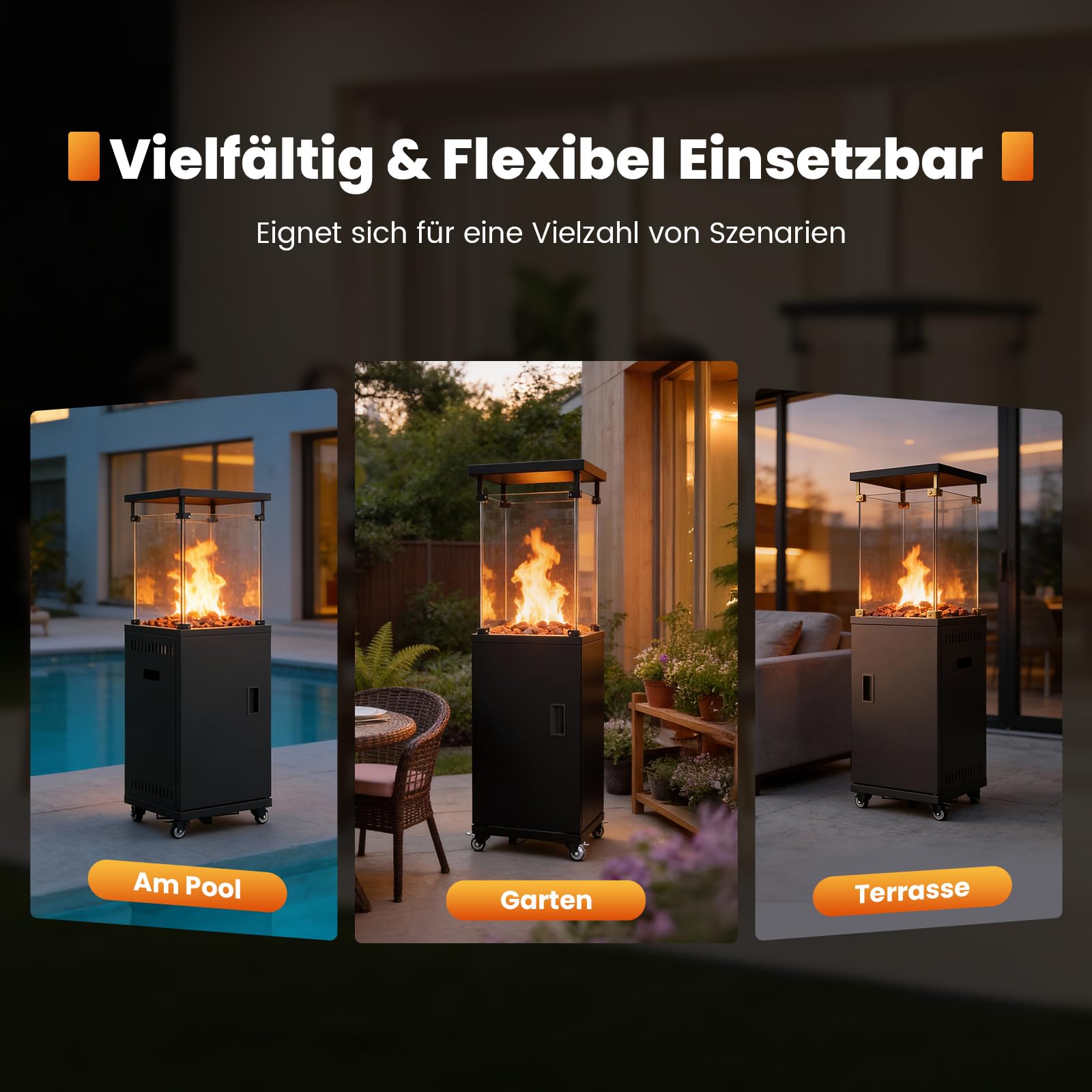 Sweetcrispy Heizstrahler Terrasse Gas 11 kW, Terrassenheizer, Propan Butan Gasheizstrahler, Mobiler Tragbarer Heizpilz, 360° Rollen Kippschutz, Gasheizung Gasheizer für Outdoor Garten, Schwarz