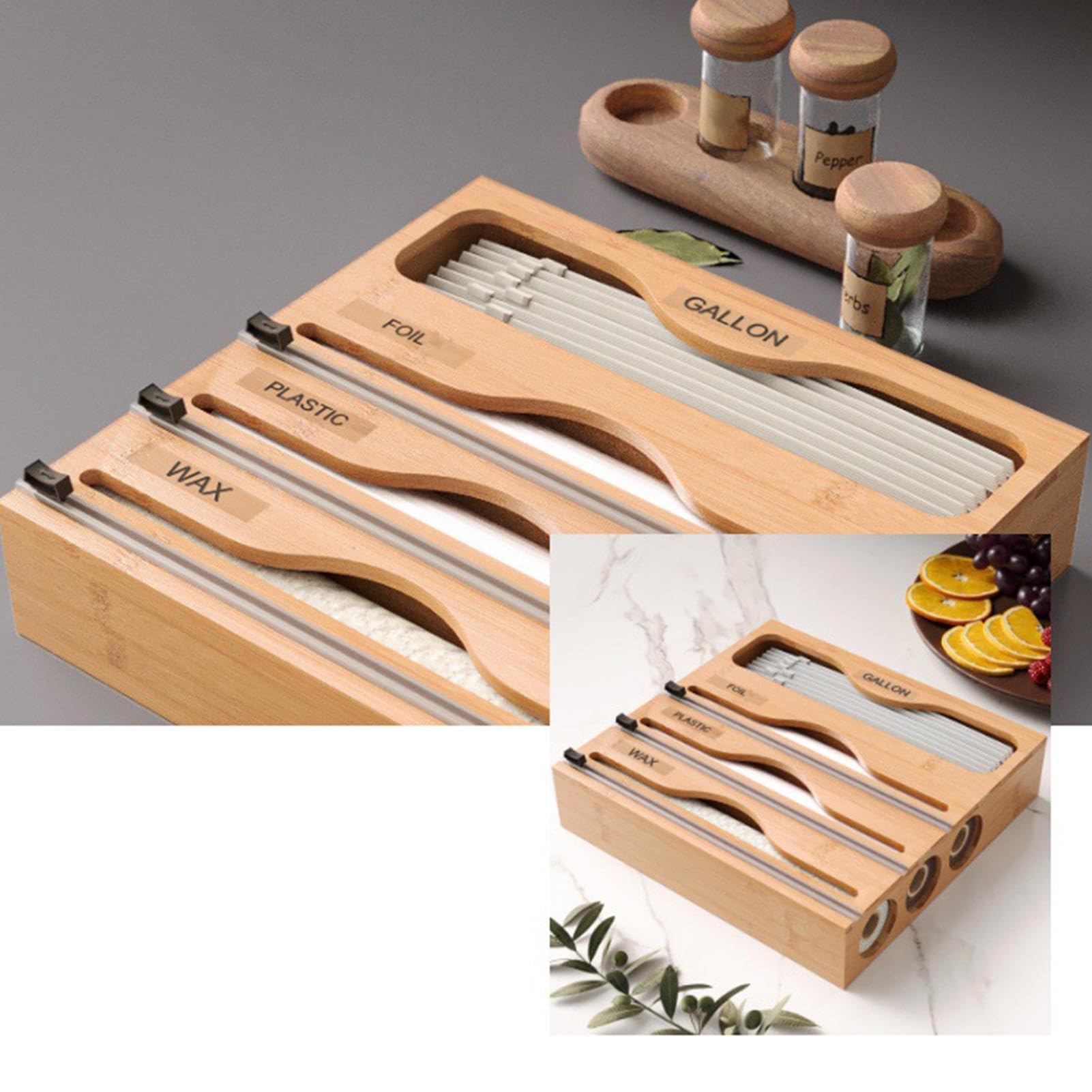 Organizador de bolsas Ziplock, dispensador de papel de aluminio y , organizador de envoltura 5 en 1, soporte de almacenamiento multifuncional, para cocinas, restaurantes y servicio de
