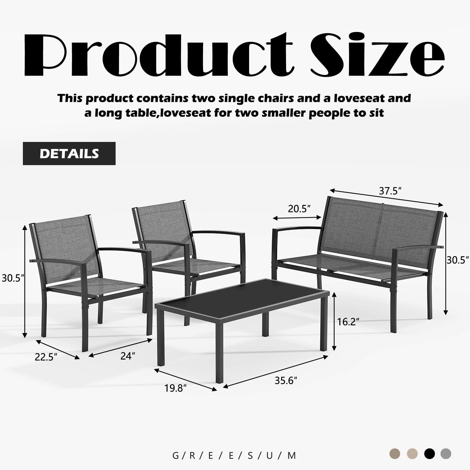 Greesum 4 Pieces Patio Furniture Set, Outdoor Conversation Sets for Patio, Lawn, Garden, Poolside with A Glass Coffee Table, Gray : Patio, Lawn & Garden