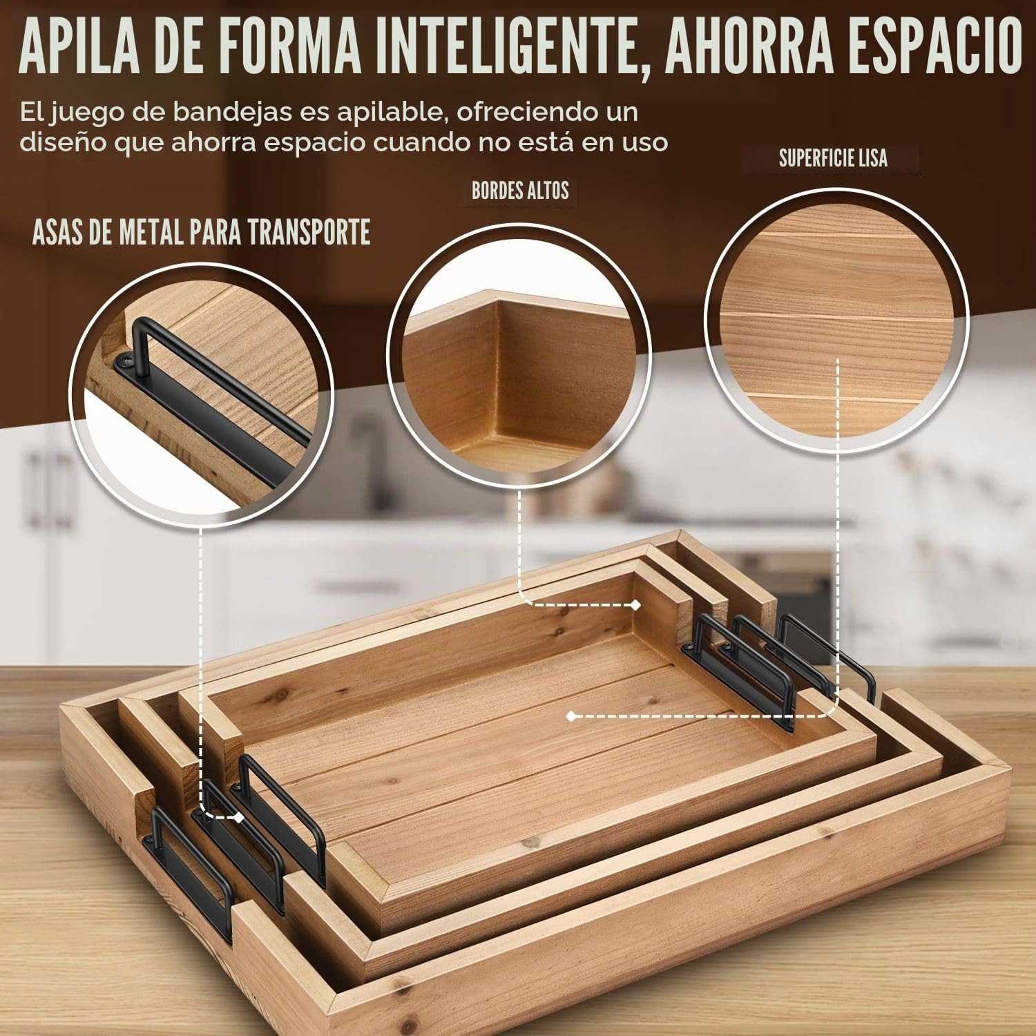 Flexzion Juego de bandejas rústicas para servir – Bandeja apilable de madera de abeto de 3 piezas con asa, bandeja de desayuno de madera, bandeja de embutidos anidada duradera para mesa de café
