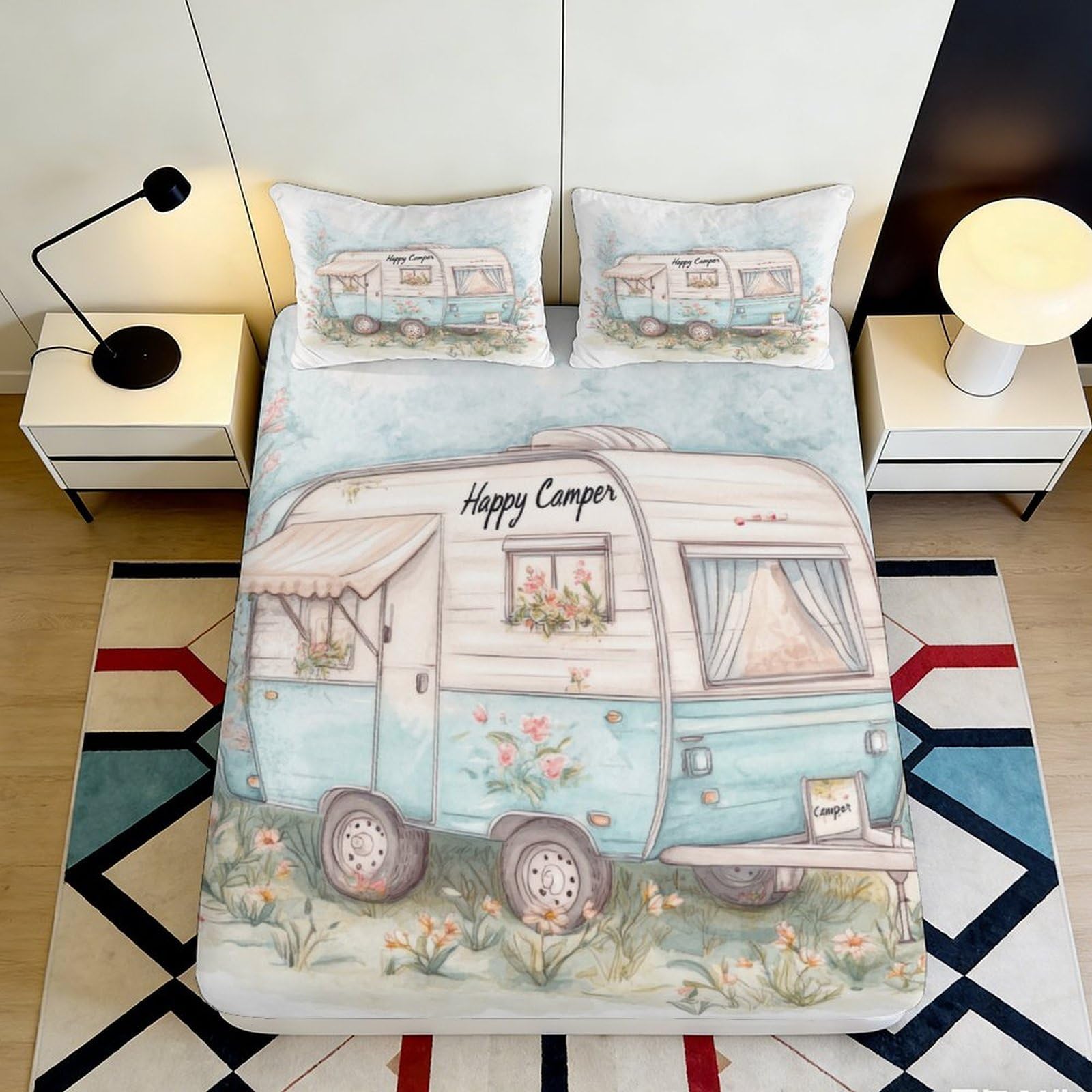 3D Printed Blue Caravan Fitted Sheet Microfiber Vintage Camper Bed Cover for Bedroom Guest Room Mattress Protection 160x200x25cm