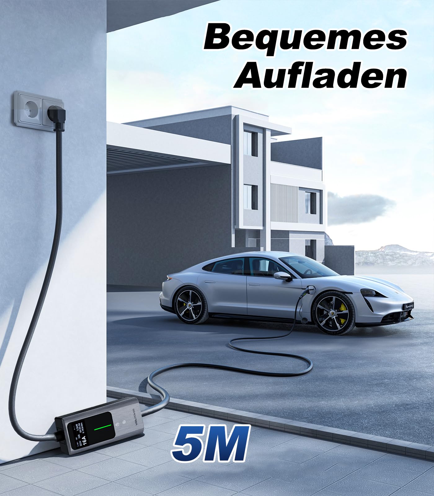 Typ 2 Ladekabel, 3.6KW /5M Ladekabel Elektroauto, 6A-16A Tragbare EV Ladegerät, Typ 2 Wallbox Ladestation(IEC 62196-2) für Elektrofahrzeuge mit Einphasigem EU-Schuko(3.68KW-5M)