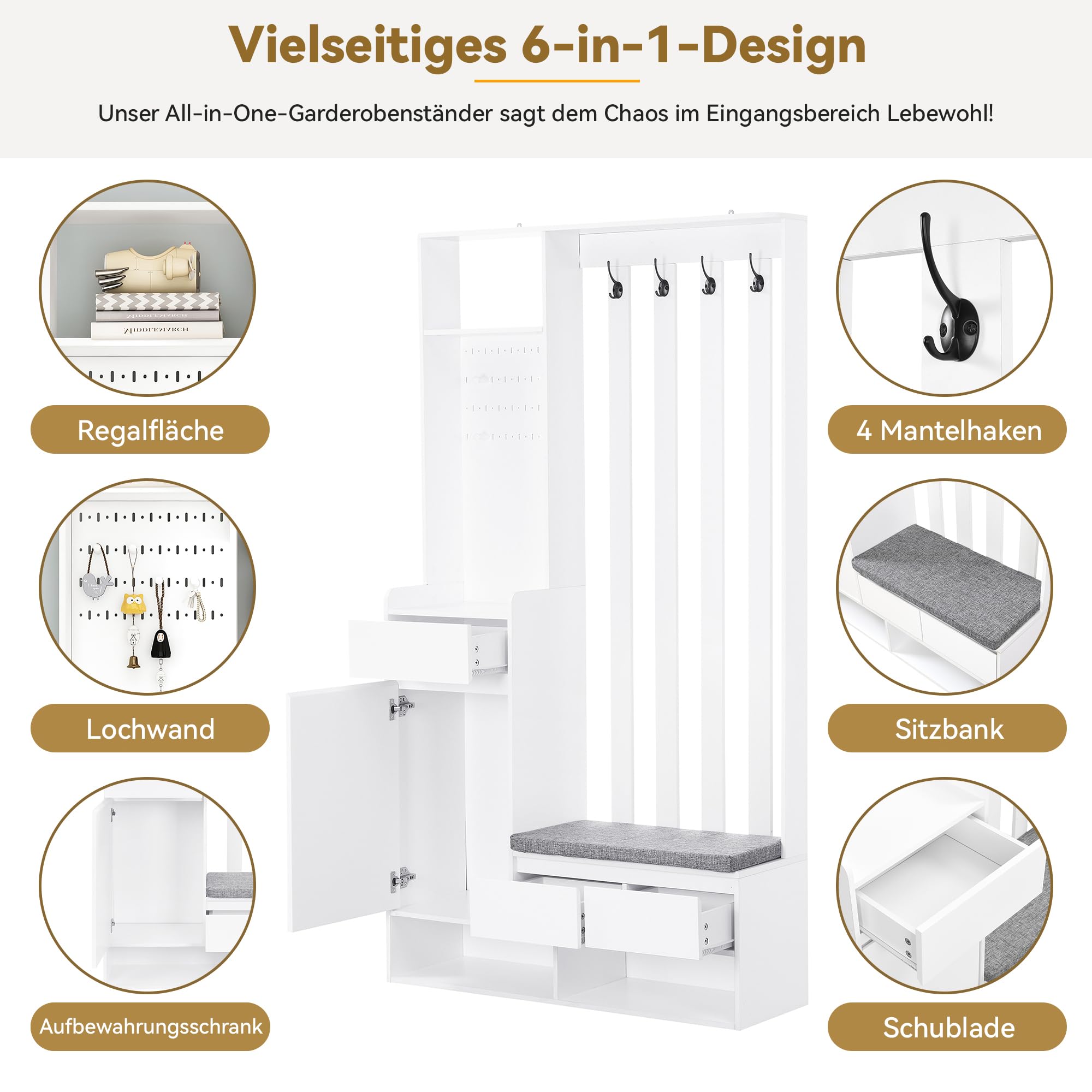 Merax Flurgarderobe Garderobenset mit Sitzbank Schuhschrank Stecktafel 4 Haken 100x180 cm Weiß