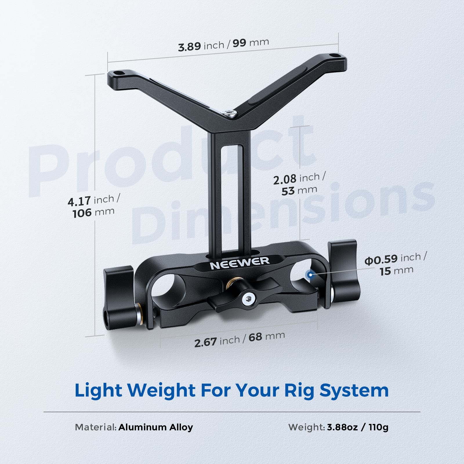 NEEWER Staffa di supporto per obiettivo lungo teleobiettivo, con altezza regolabile di 53 mm, compatibile con TILTA NICEYRIG DSLR Camera Shoulder Rig Follow Focus con aste da 15 mm - LSB53