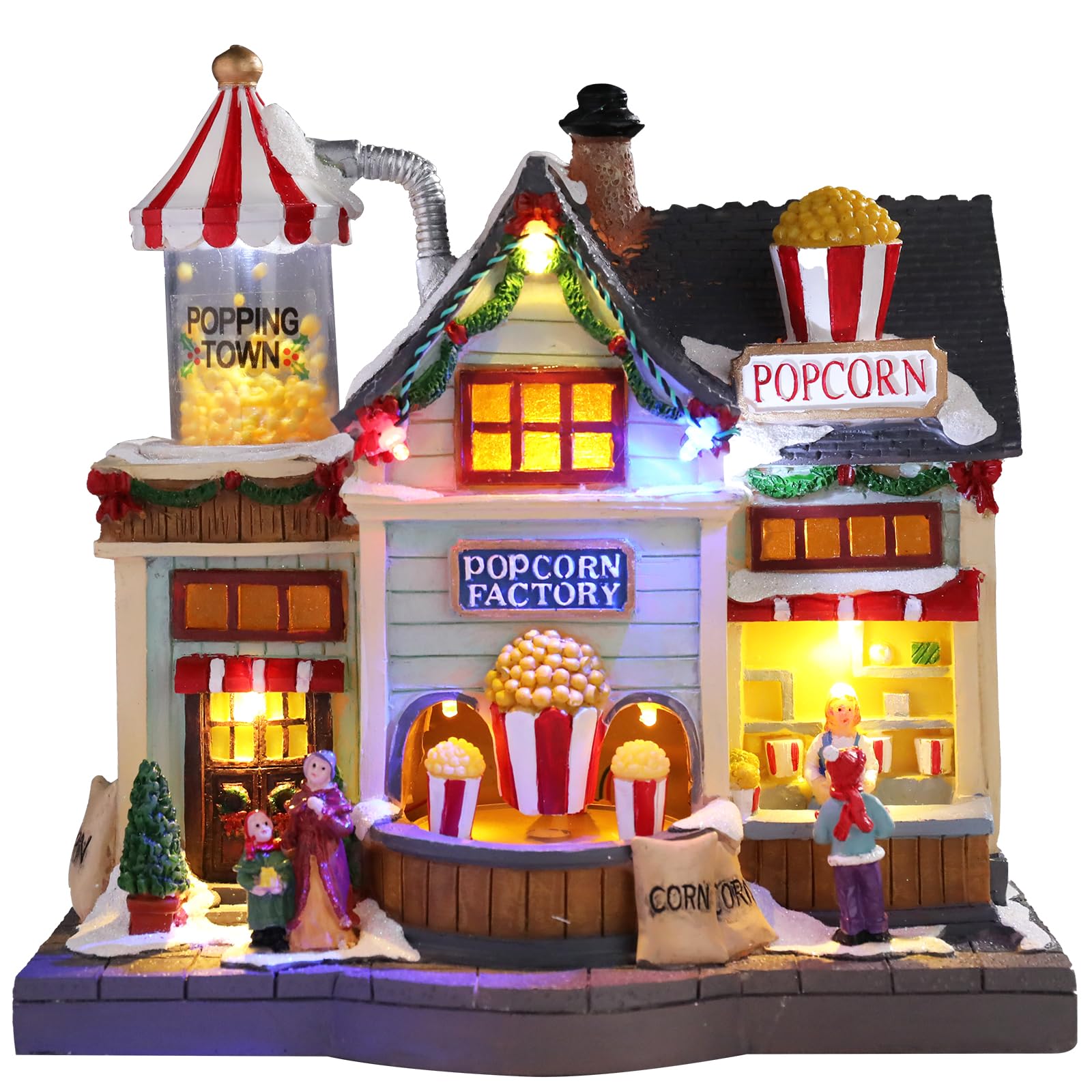 Christmas Village Popcorn Shop with LED Lights Resin Village Houses Music with USB Rendering Atmosphere Christmas Decorations