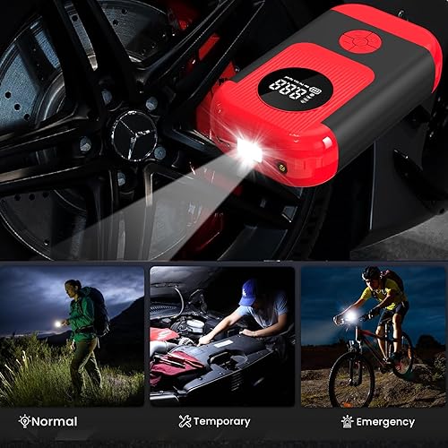 Miniatura 8 de Inflador de neumáticos Compresor de aire portátil y arrancador de coche, bomba de aire inalámbrica con luz LED y manómetro para automóvil,