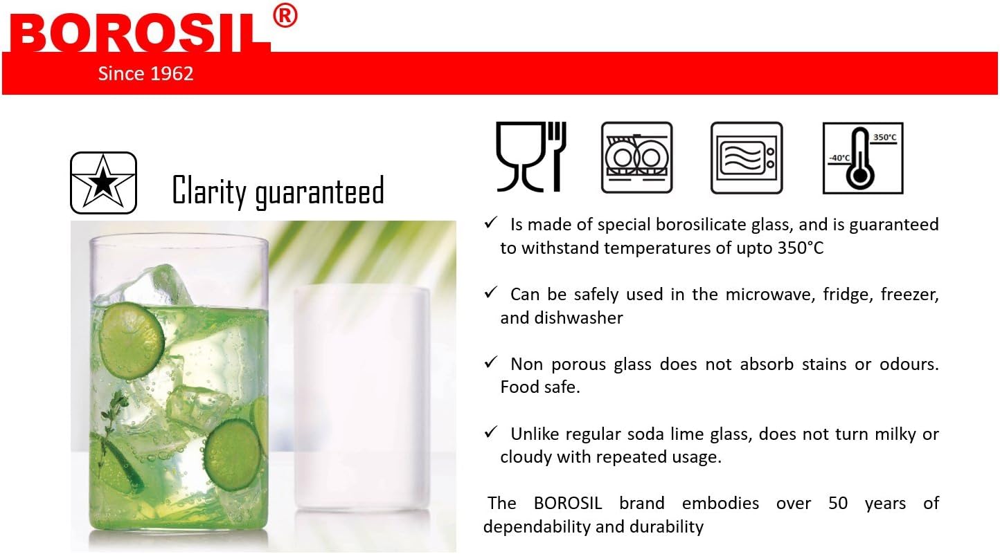 BOROSIL® Highball Glasses Set of 6 | Ultra Clear | Microwave and Dishwasher Safe | Vision Classic Series 16oz