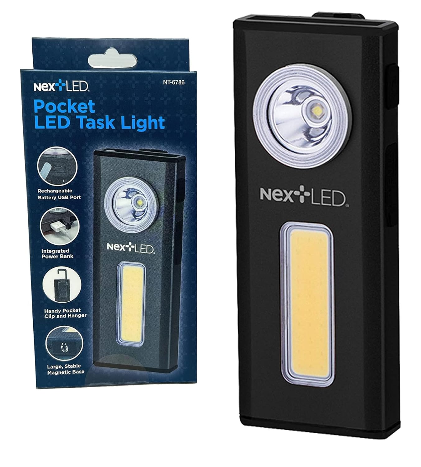 NextLED NT-6786 Rechargeable Slim Rechargeable LED Work Light. Clip on Pocket Flashlight, Cast Aluminum Body, Strong Magnet, Power Bank, IPX4 Waterproof, Spot & Flood Light 2 in 1, Repair/Outdoor