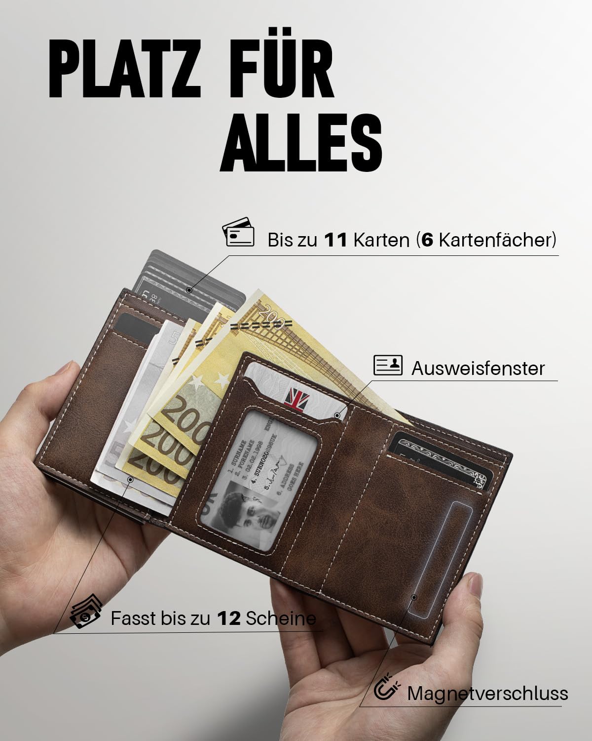 Geldbörse Herren mit Münzfach & RFID-Schutz, Smart Wallet mit Sichtfenster, Portmonee Geldbeutel Herren, Portemonnaie Herren mit 6 Kartenfächern für bis zu 11 Karten (Braun)
