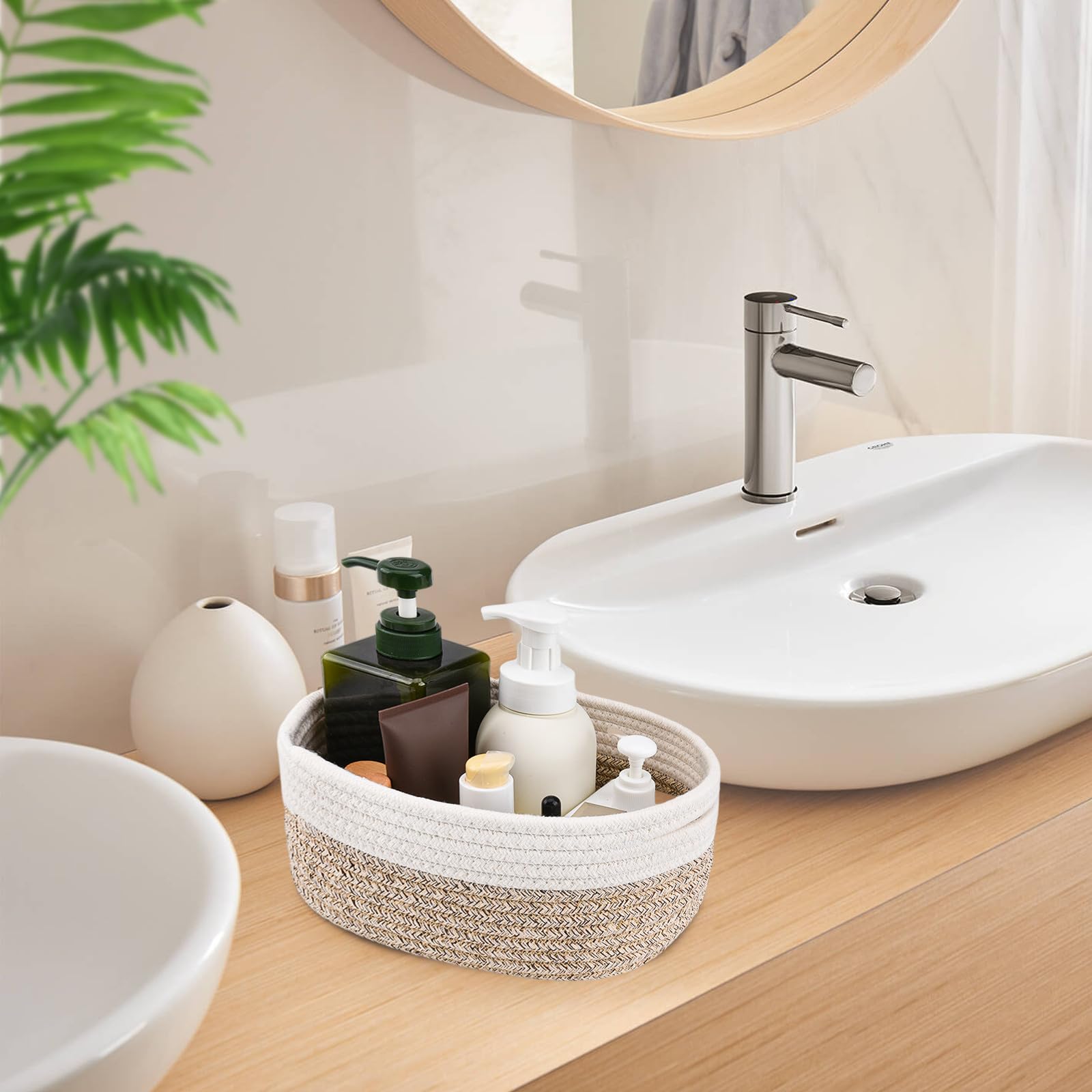 Lot de 5 petits paniers de rangement tissés en coton pour l'organisation, paniers de rangement pliables avec poignées pour le salon (blanc/marron)