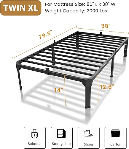 Miniatura 3 de Base de cama de metal individual XL de 14 pulgadas con tapón deslizante de colchón, plataforma de listones de acero antichirridos de color negro,