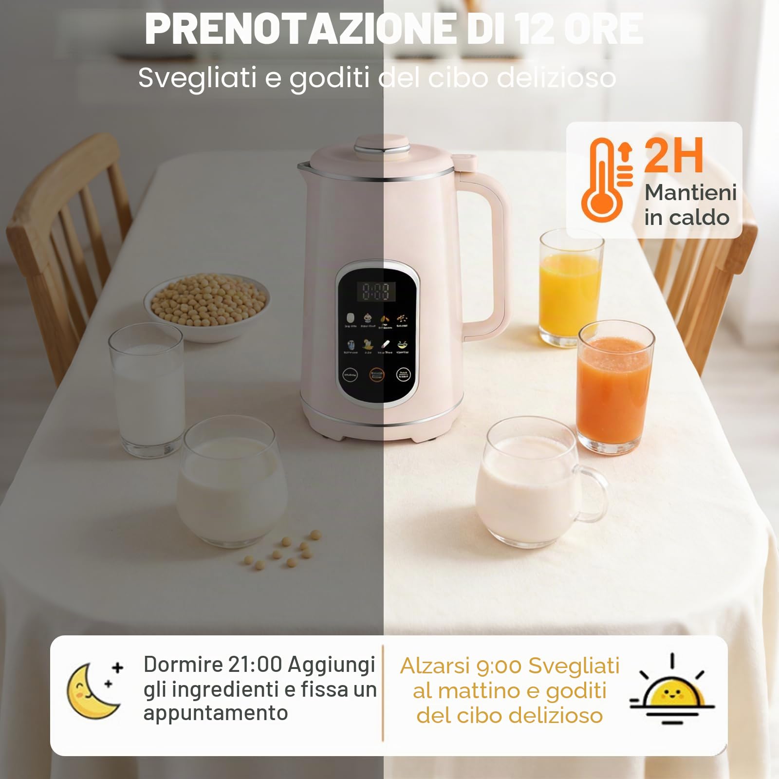 Macchina per latte di noci 8 in 1 con pannello touch Icon, latticino vegetale 1200 ml con autopulente, timer e funzione di mantenimento del caldo – Latte di soia e avena macchina per latte di mandorle