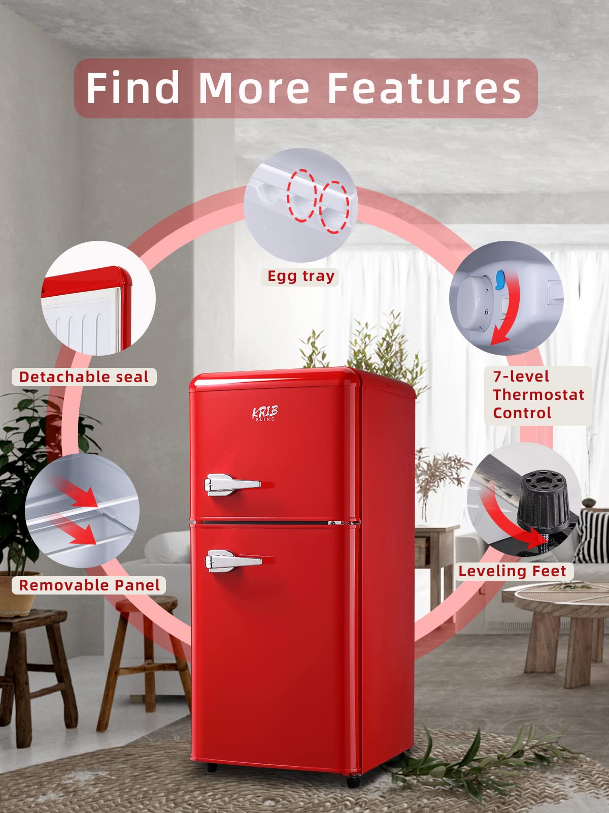 Krib Bling 3.5 Cu.Ft Refrigerators With Freezer, Fridge With 7 Level Temp Adjustable Thermostat, Fridge For Apartment, Office, Basement, Red on Fridge.com - View 3