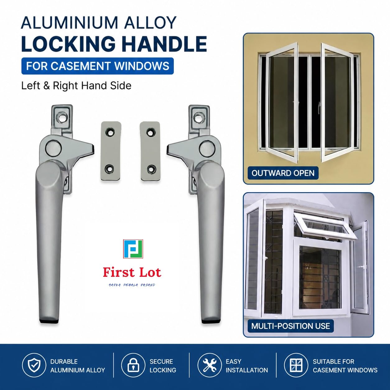 Aluminium Alloy Left and Right Hand Side Locking Handle for Casement Windows (Silver) — Amazon image 2