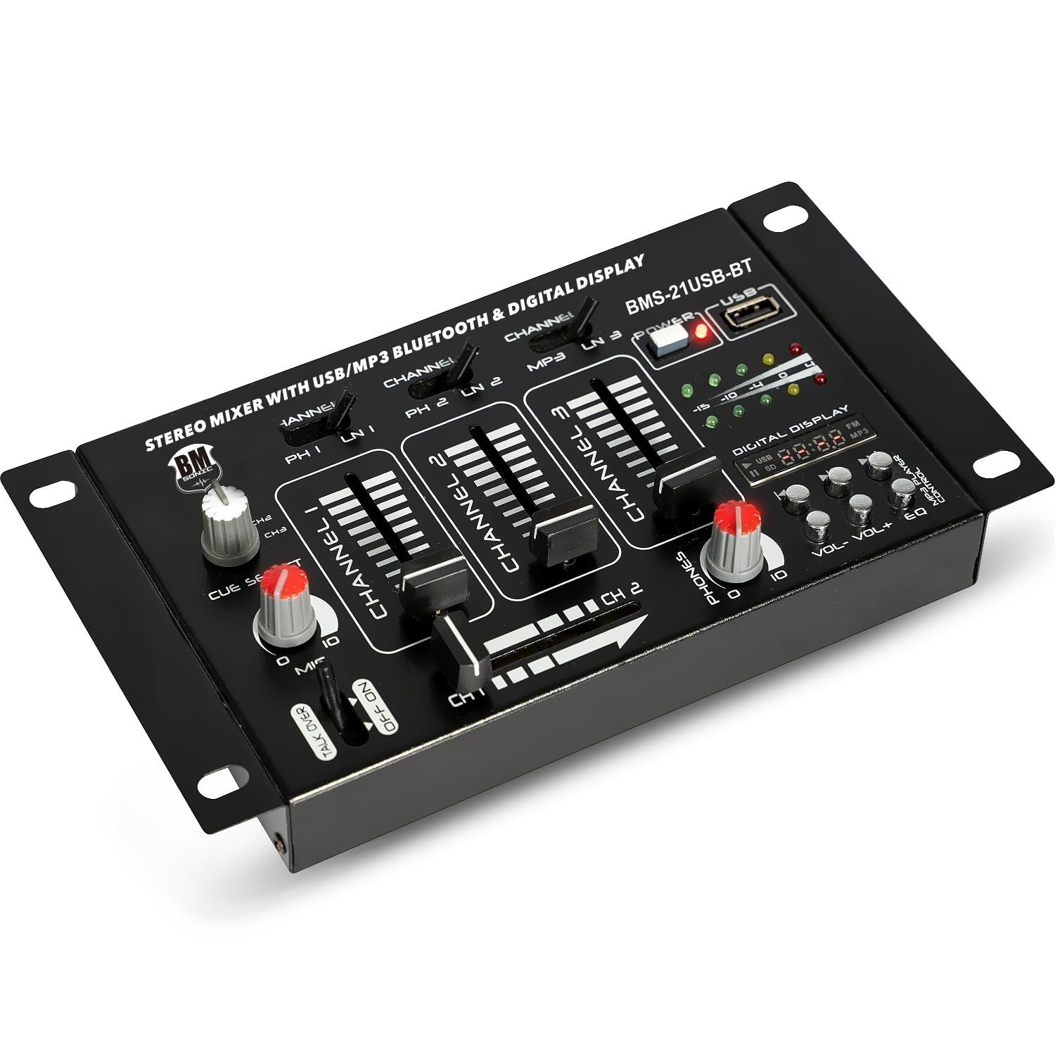 Table de mixage Sono DJ BM Bmsonic BMS-21USB-BT 4 voies/7 canaux, USB BLUETOOTH, Entrées : 1 PHONO/LINE, 1 PHONO/USB, 1 CD, MICROS