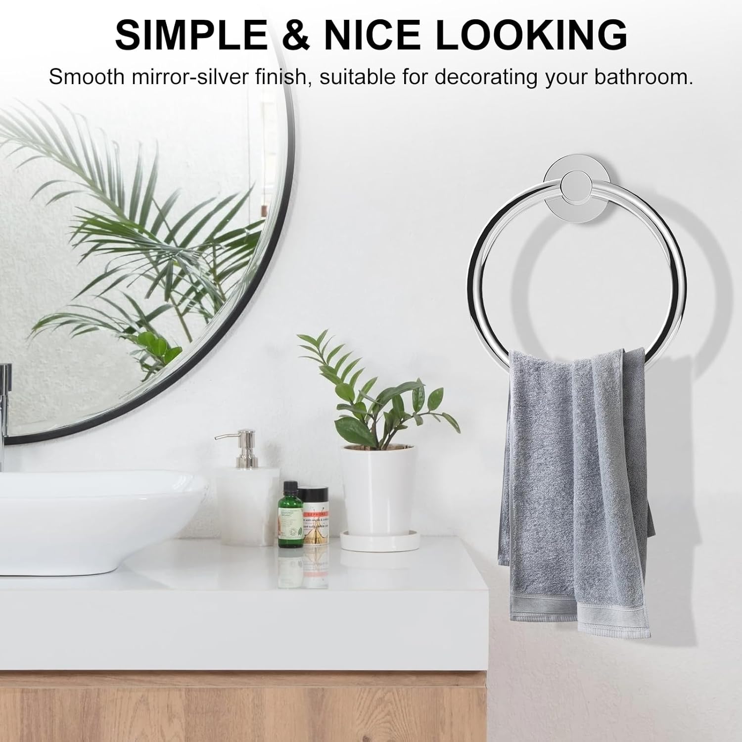 SetSail Towel Holder for Bathroom Wall 4 Packs Towel Ring Stainless Steel Heavy Duty Hand Towel Hanger for Bathroom Screw-in, Mirror Silver