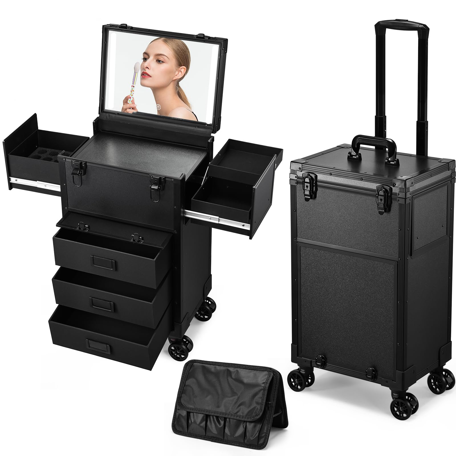 Faquenc Rolling Makeup Case with lighted mirror, Cosmetology Case on Wheels with LED Mirror, Professional Salon Trolley Cart with Drawer,Travel Makeup Lockable Beauty Organizer with Live Stream Light