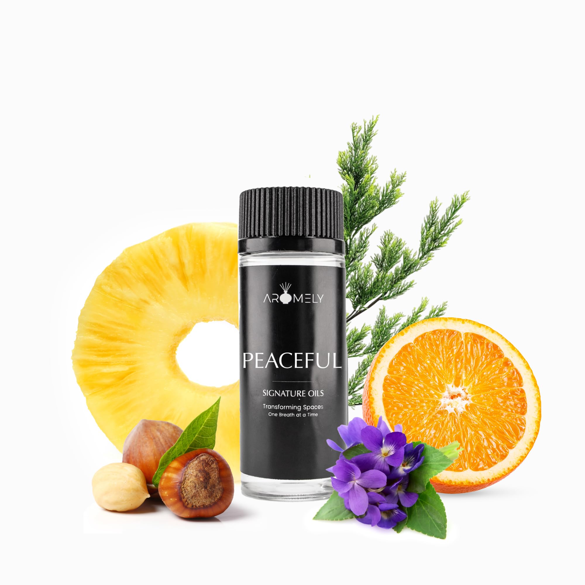 Peaceful by Aromely Essential Diffuser Oil Blend - Signature Diffuser Aroma Scent - Luxurious Fragrance with Notes of Pineapple, Green Leaves, Oranges, Papaya, Lemon, Cardamom, Amber and Musk (50ml)