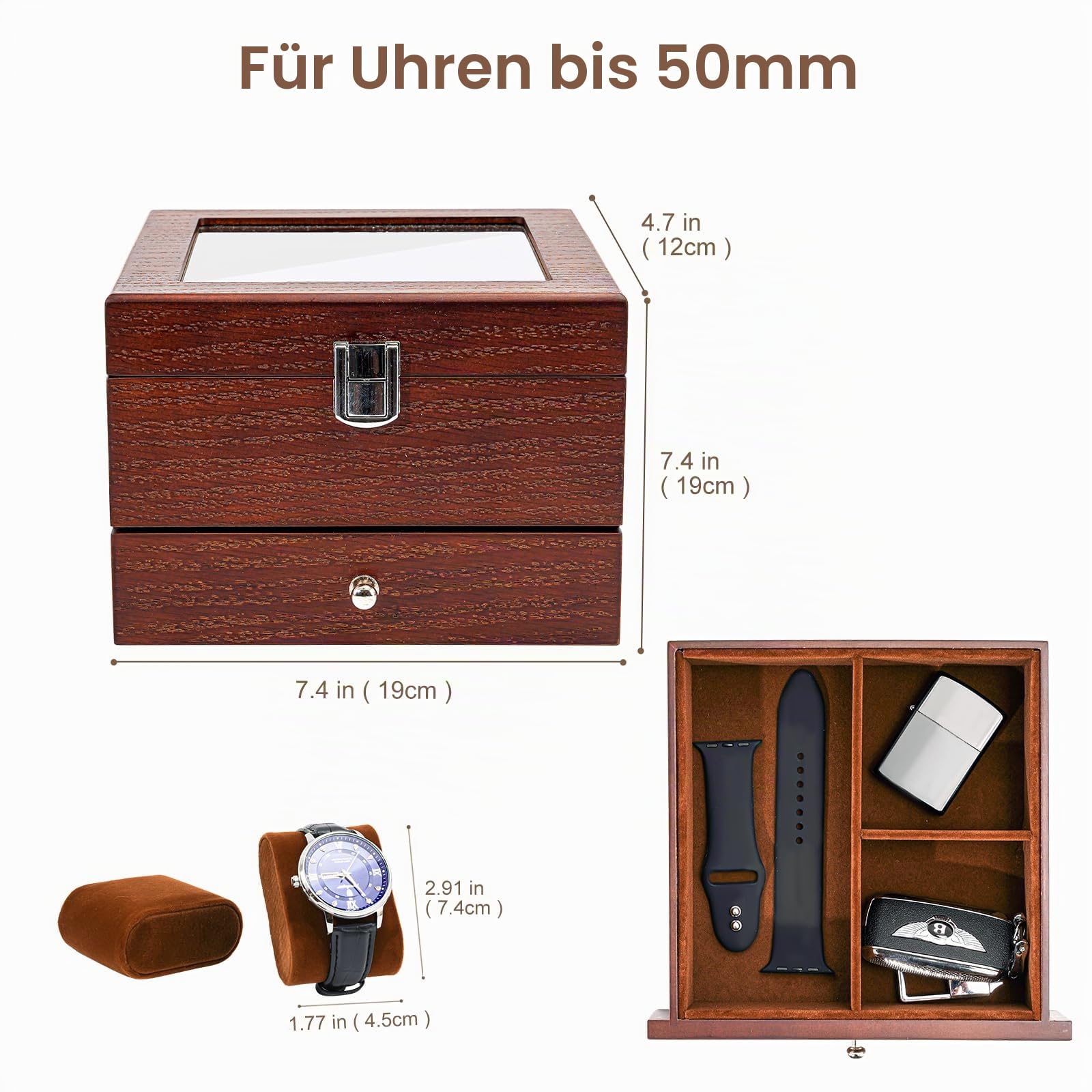 ProCase Holz-Uhrenbox für Herren, 6 Fächer, Herren-Uhren-Organizer mit Glasplatte, 2-stöckiges lackiertes Vitrine für Armbanduhr-Aufbewahrung – Espresso