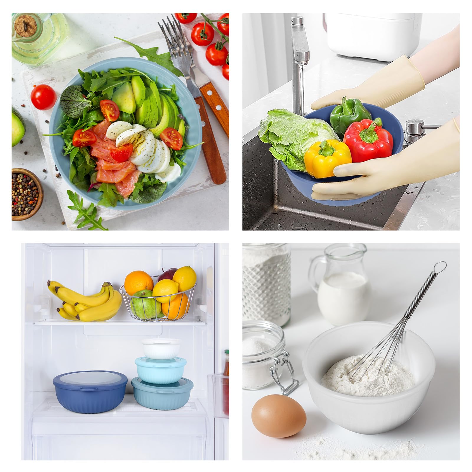 VINATO Insalatiera 4 Pezzi (0.4L/0.78L/1.4L/2.2L) in TPE+PP Senza BPA per Cucina - Adatte a Microonde, Lavastoviglie e Frigo | Ciotole Cucina | Ciotola Insalata