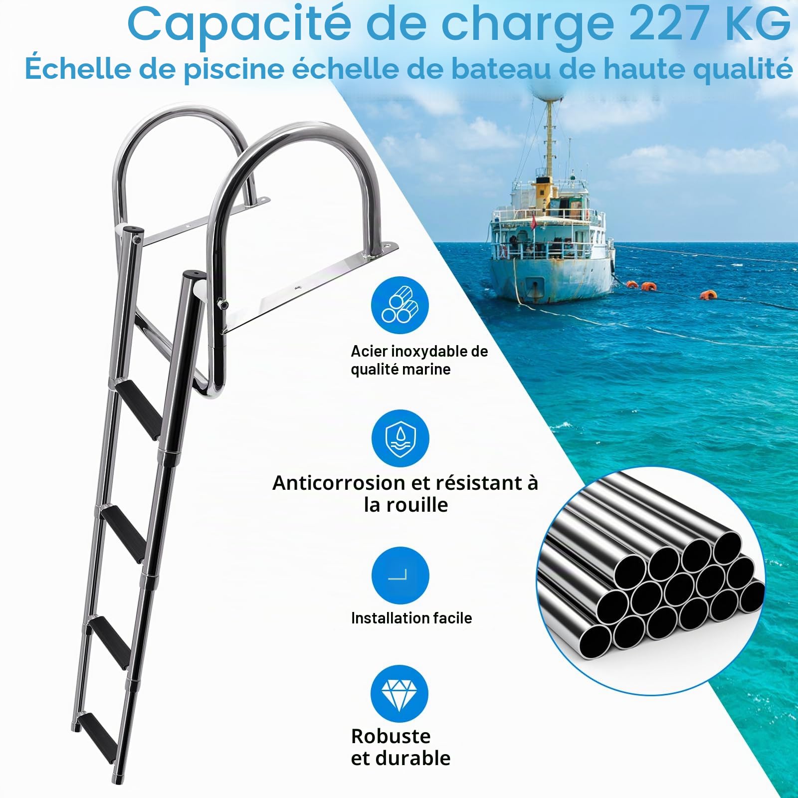 KAOLALI Échelle de bateau 4 marches Échelle de piscine en acier inoxydable, échelle de bain pour bateau pliable télescopique avec grandes poignées et larges échelons Capacité de charge 227 kg pour