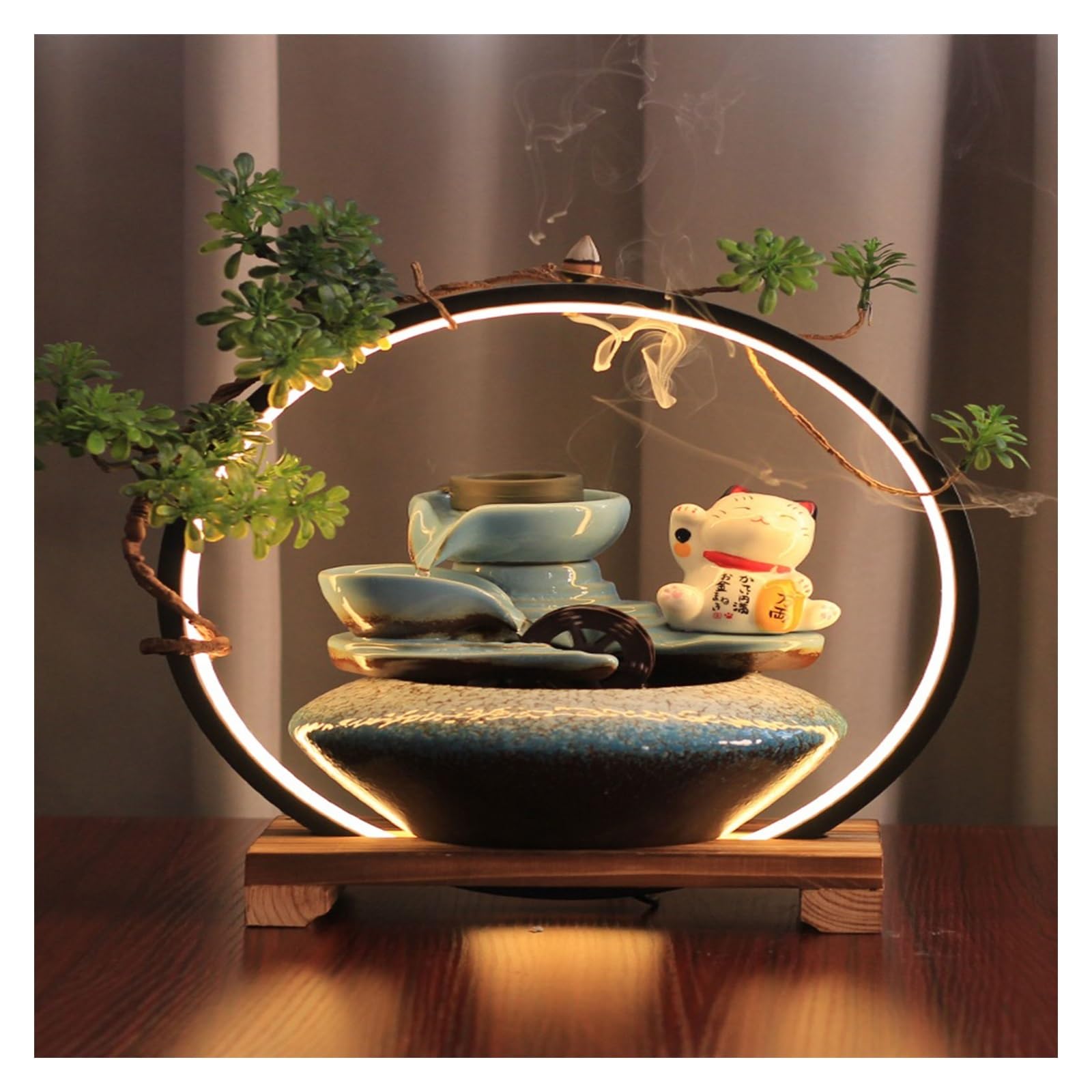 Fontaine d’Intérieur Mini aquarium de jardin zen avec fontaine de chat porte-bonheur – Nouvelle caractéristique d'eau de bureau – Cadeau Feng Shui for la maison et l'entreprise Fontaine de Table