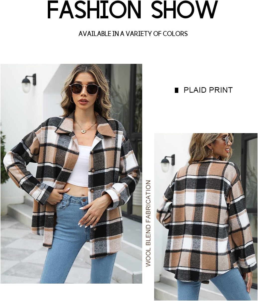 Beaully Women's Flannel Plaid Shacket Fall Winter Outfits Long Sleeve Button Down Shirts Jacket Coats with Side Pockets - Image 4