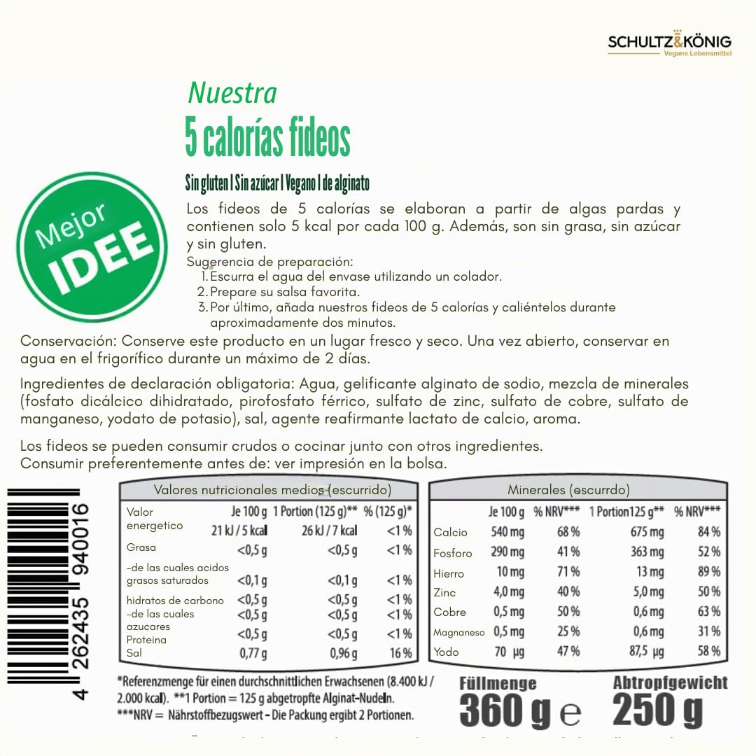 10 paquetes | Pasta 5 calorías 250g | Pasta a base de algas | Sin gluten y vegano | Bajo en carbohidratos | Schultz y König