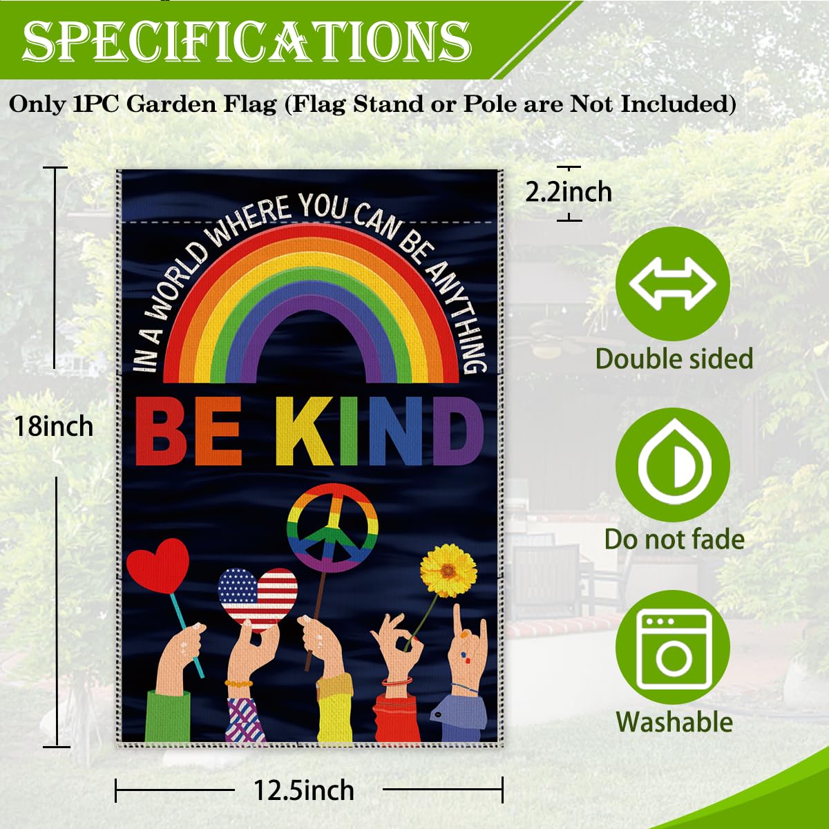 Gartenflagge 'Be Kind' – Doppelseitig Bedruckt, Wasserdicht | 31,8x45,7 Cm, Leinen, Für Zaun, Terrasse, Hof