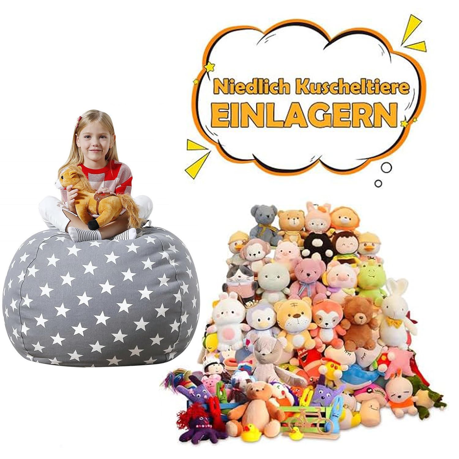 Bolsa Almacenamiento Juguetes Felpa, Lona Bolsa De Frijoles Rellenable, Puffs Plegable para Niños, Grande Bolsa Puff para Guardar para Organizar Juguetes, Ropa (Estrellas Grises, 22 Pulgadas)