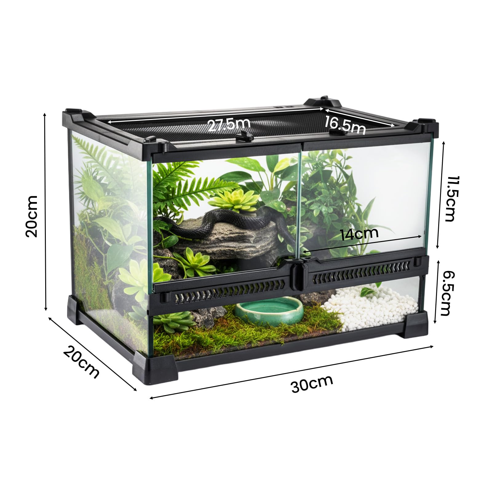 Glas-Reptilien-Terrarium, Insektenzucht-Tank, Vivarium-Lebensraum für Eidechsen, Hornfrösche, Schlangen und Spinnen, Reptilien-Glasterrarium für Amphibien (Horizontal)