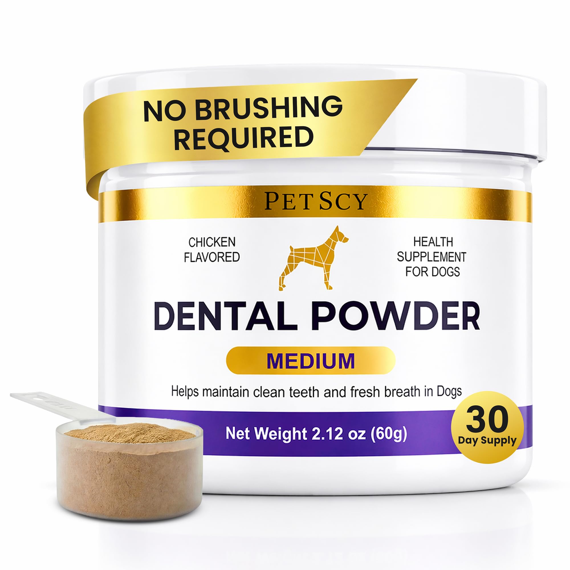 Petscy Polvo dental para perros, limpieza de dientes y ambientador de aliento, cuidado dental para perros, cuidado bucal, soporte para placa y sarro, sabor a pollo, 2.1 onzas (mediano)