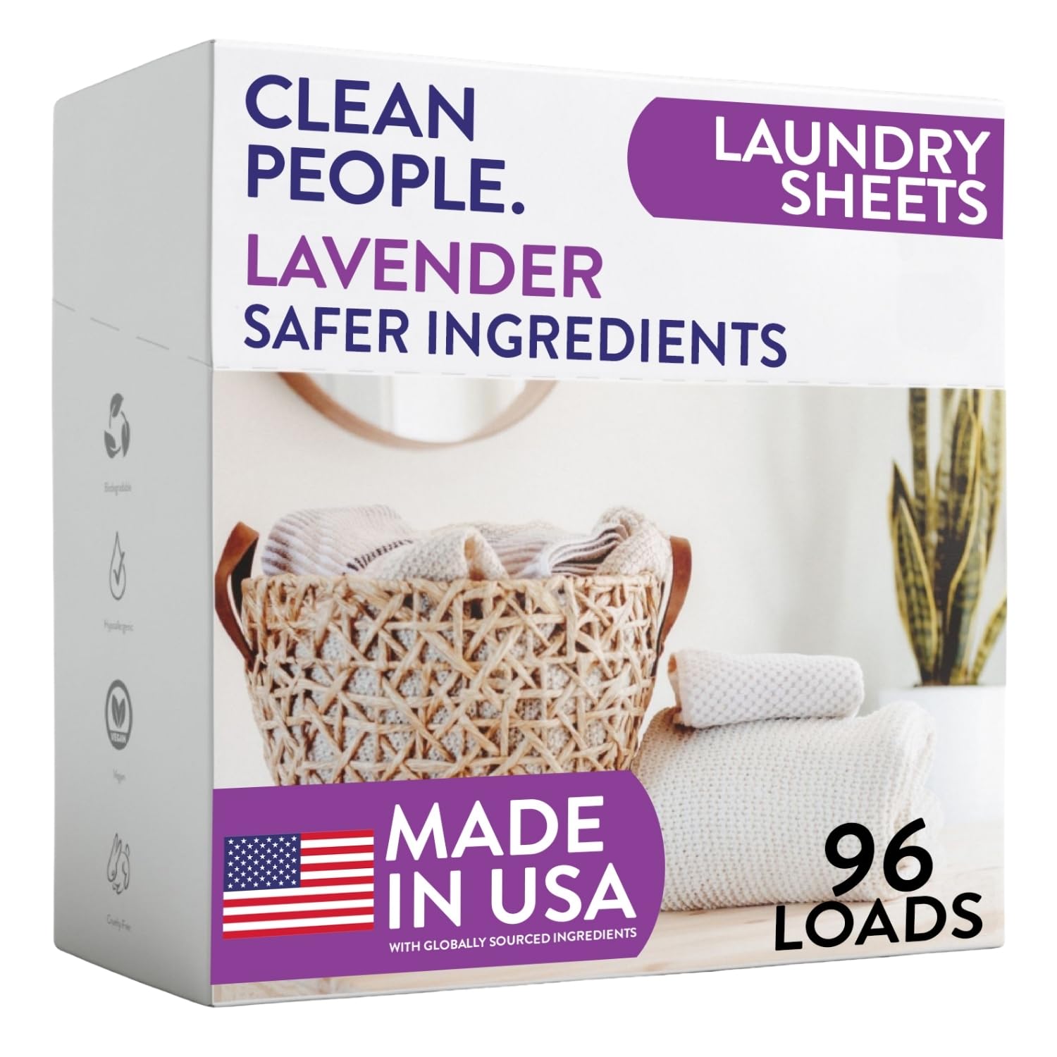 The Clean People Lavender Laundry Detergent Sheets - Laundry Soap - Ultra Concentrated, Recyclable Packaging, Stain Fighting - Lavender, 96 Pack
