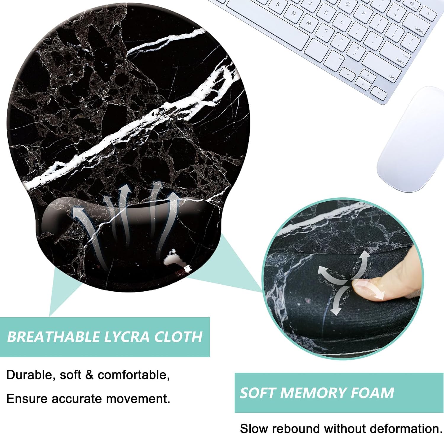 Mouse Pad with Wrist Support, Ergonomic Mouse Pad with Memory Foam Wrist Rest Cushion, Non-Slip Rubber Base Gaming Mice Pad for Home Office Computer Laptop, Black White Marble - 3