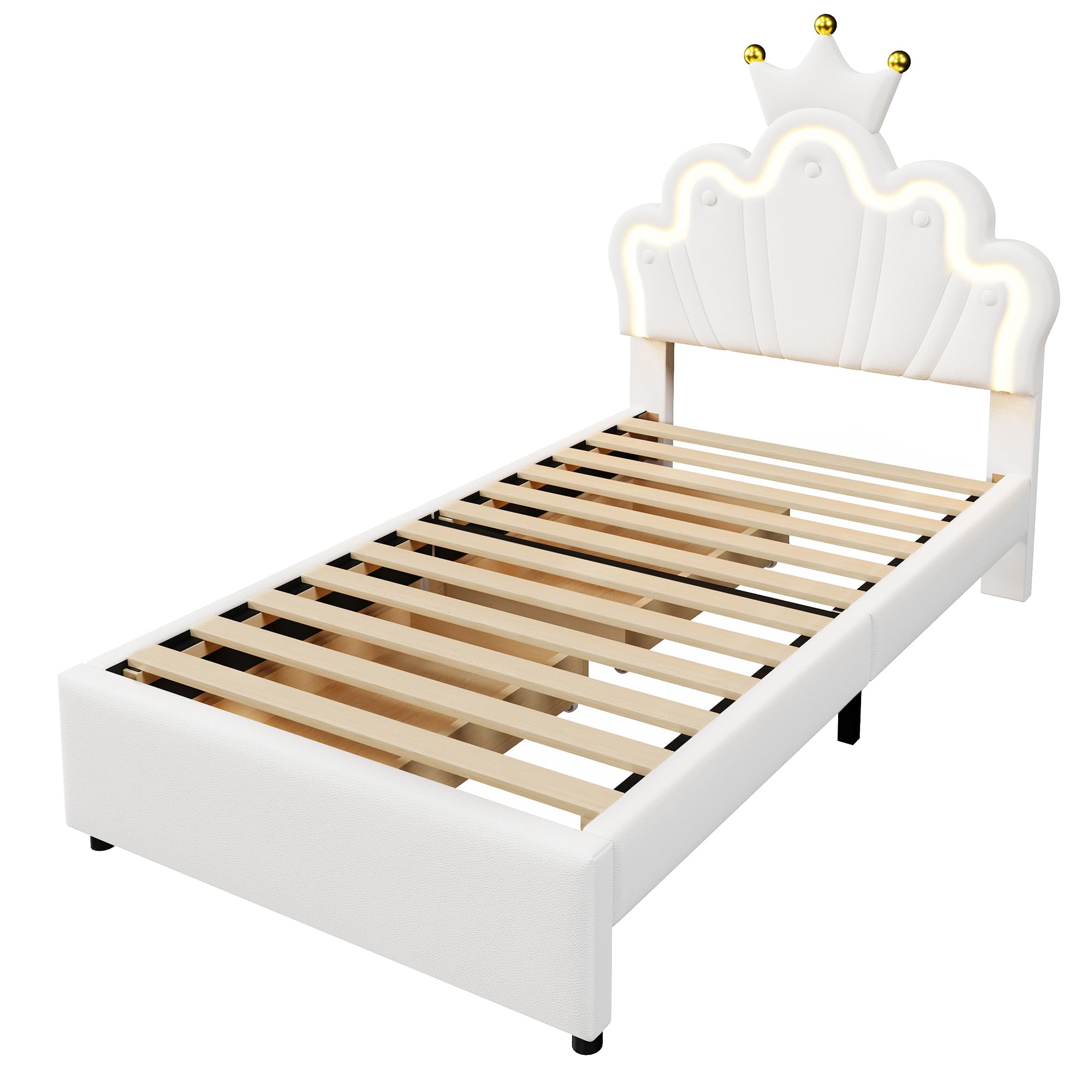 Merax Lit enfant 90x200, lit rembourré pour fille avec tête de lit réglable en forme de couronne, bande LED 16 couleurs, cadre de lit en similicuir PU avec sommier et 2 tiroirs (sans matelas), Blanc