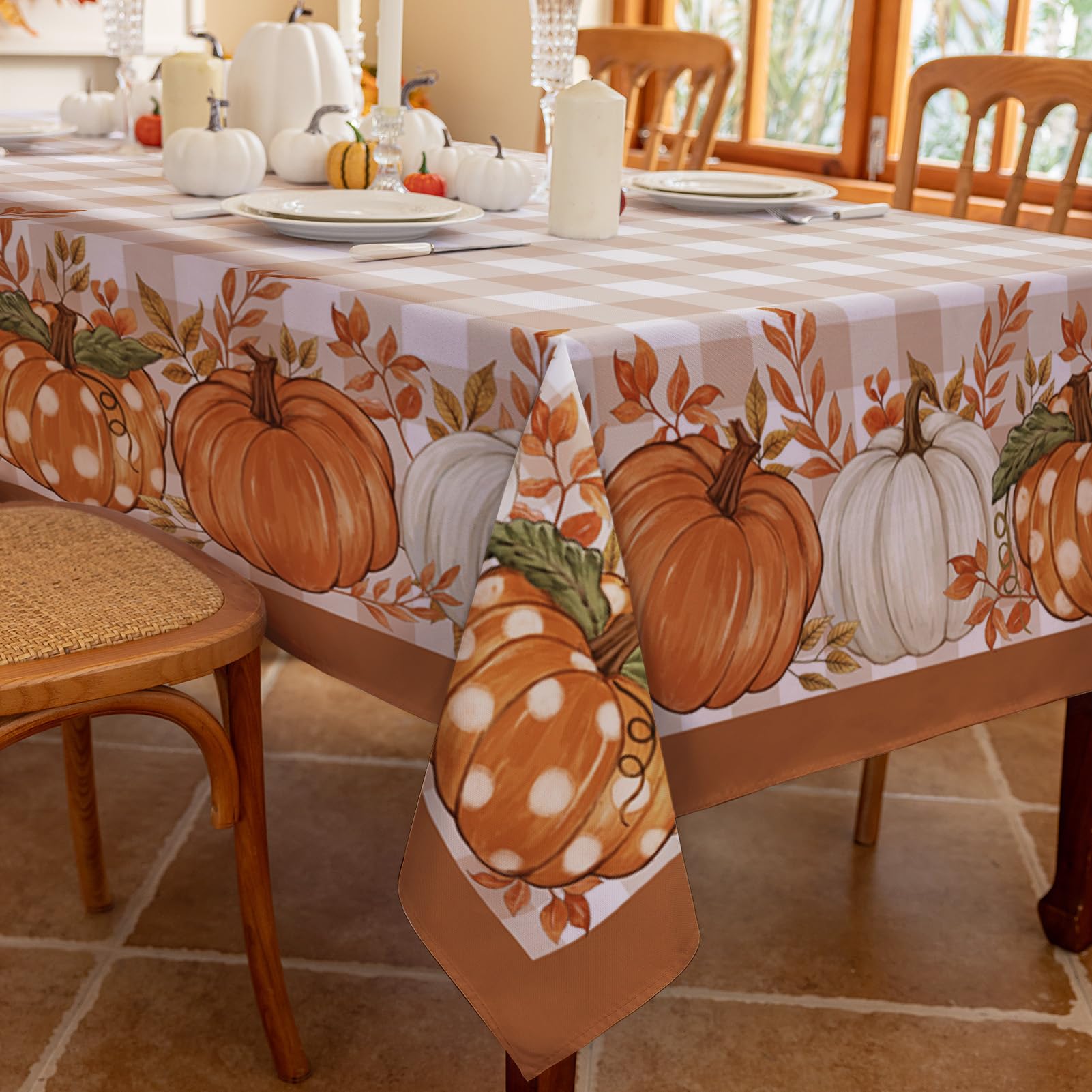 Romanstile Tovaglia antimacchia 240x140 cm autunnale Rettangolare per 6-10 posti Tovaglie a quadri da esterno impermeabile con motivo a zucca arancione Decor tavola per halloween,cucina,campeggio