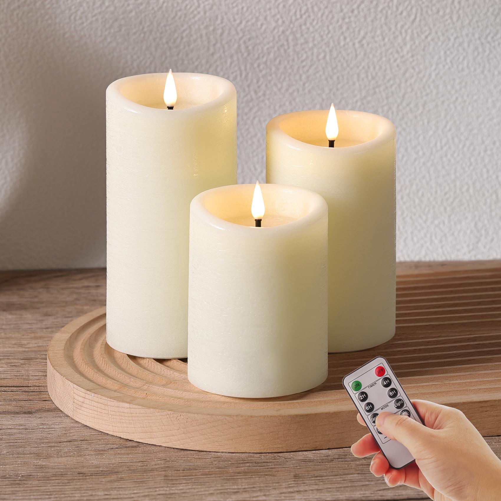 Eywamage Cream Moving Flame Flameless Pillar Candles with Remote Set of 3