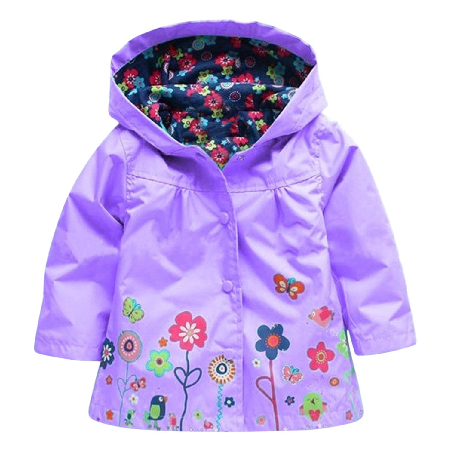 Evelin Lee Women's Purple Baby Girls Waterproof Jacket Floral Printed Hooded Raincoat Windproof Outwear, 12-18 Months
