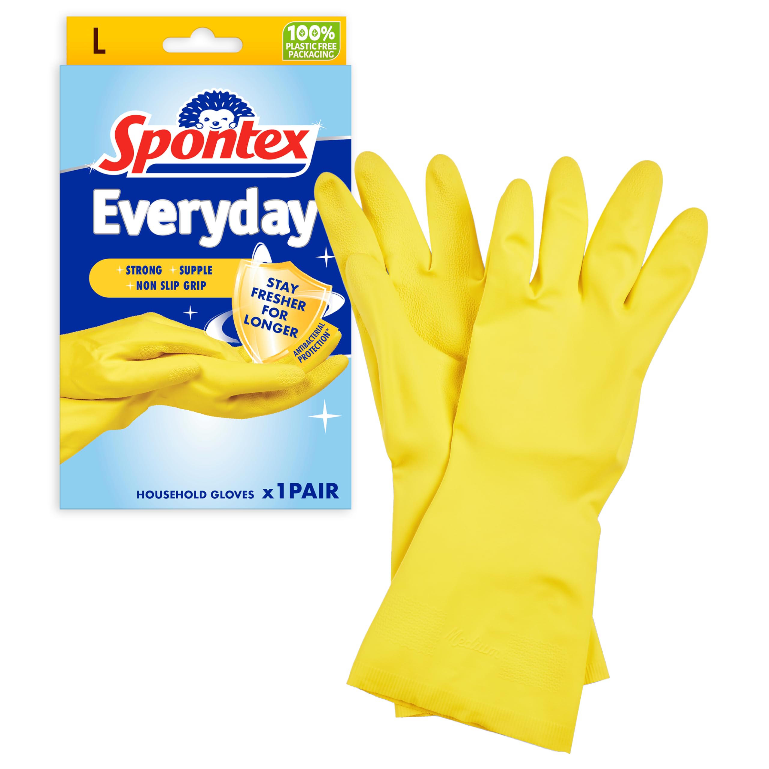 Spontex Everyday Protect Rubber Gloves | Large Size | Antibacterial Protection | Non-Slip Grip | Natural Latex with 100% Recycled Cotton Lining | 1 Pair