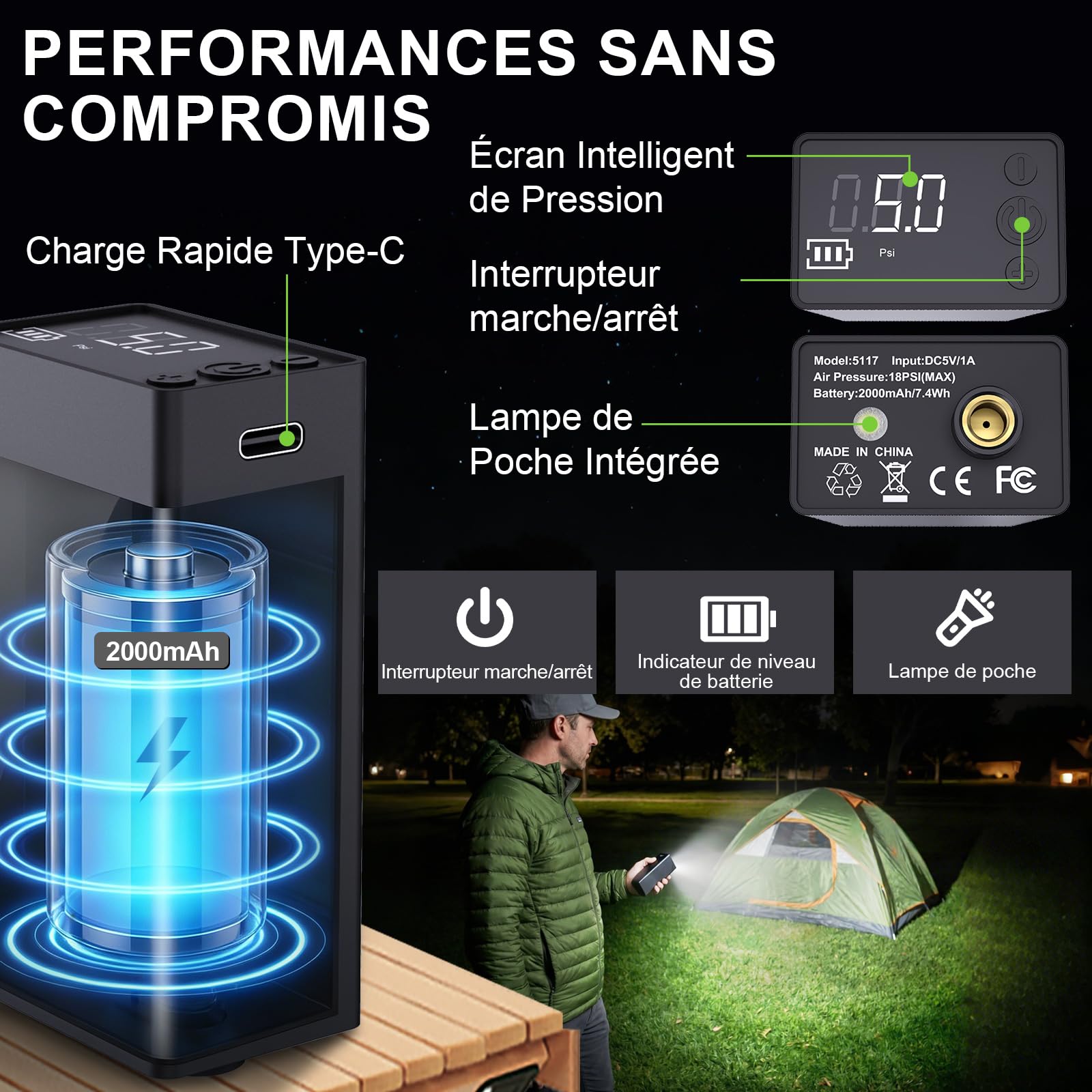 Douche Portable Électrique 20L avec 2000mAh Pompe - Douche Solaire de Camping Pliable avec Tuyau 2m & Sac de Rangement - Douche Extérieur pour Fourgon Aménagé, Plage, Chien et Randonnée
