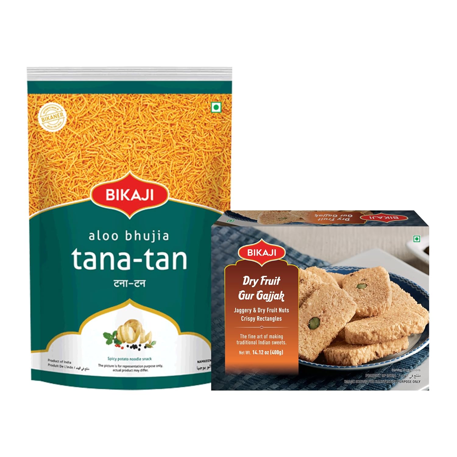 Bikaji Gur Dry Fruit Gajjak 400g & Aloo Bhujia 1kg Combo | Ready to Eat Indian Snack | Crunchy Bar Snack, Tea-Time Companion & Party Mix | Travel-Friendly Bite for Sharing & Snacking