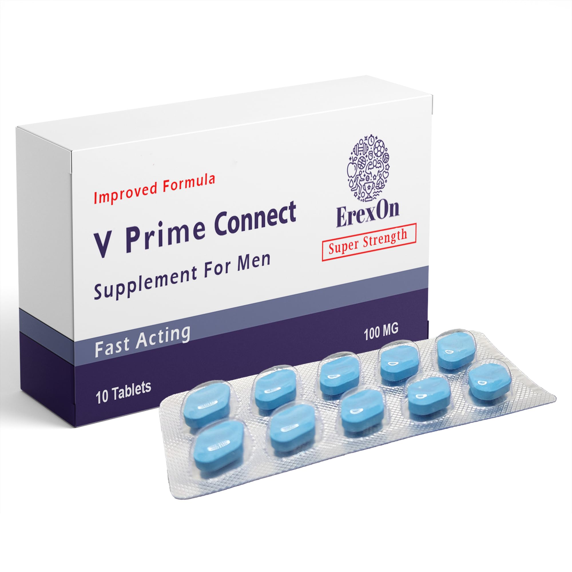 Erexon - V Prime Connect | 10 Blue Tablets 100mg | Herbal Supplement for Men | Men's Vitality Support | Performance & Enhancement | Ginseng Maca Root Zinc