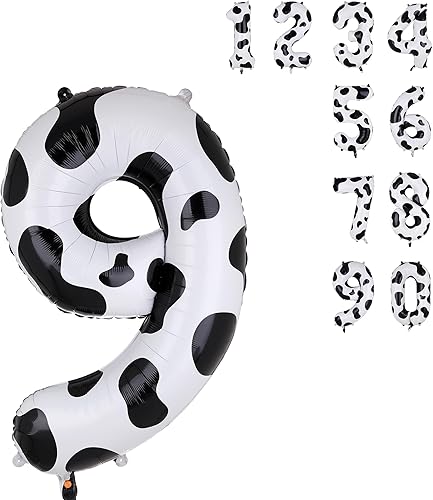 Globos con estampado de vaca de 40 pulgadas, globo de número 9 con estampado de vaca, blanco y negro, temática de vaquera, niños, 9 cumpleaños,