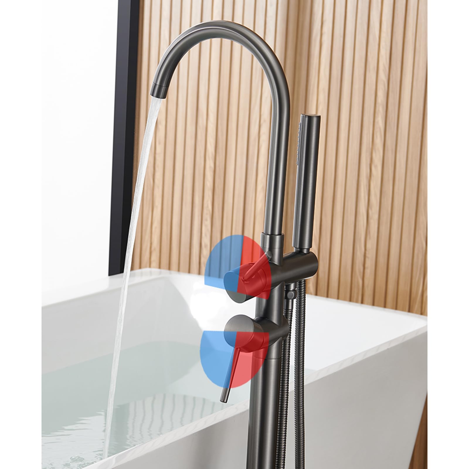Wolnostojąca bateria wannowa montowana na podłodze, obracana o 360°, połączenie ścienne do ciepłej i zimnej wody, mosiądz, nowoczesny design, stylowa bateria łazienkowa