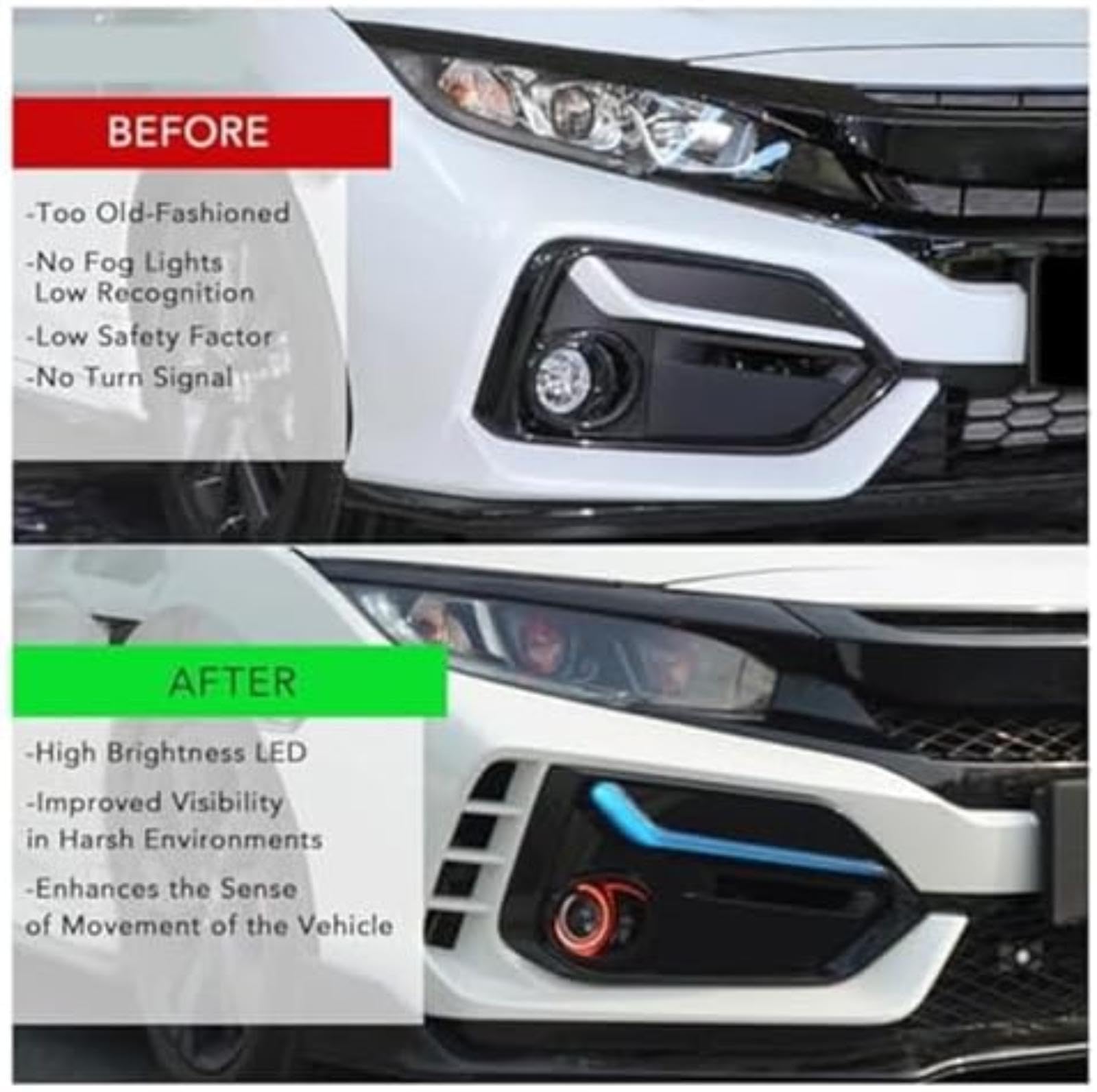 Światła główne LED Dril, Dla Civic 10Th 2016-2019-2021, Dla Typ R, dla Bodykit, dla Fk7, dla Fk8, dla Fk4 Zderzak przedni Światło Lampka Światło tylnego zderzaka (Type Fog Lamp)