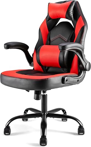 Silla ergonómica de escritorio para juegos de computadora, piel sintética con soporte lumbar ajustable y reposacabezas, reposabrazos abatibles,