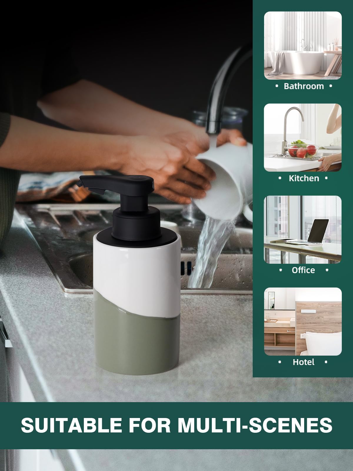 BosilunLife Dispenser automatico di sapone in ceramica a mano libera con pompa impermeabile ricaricabile Smart Electric Lotion Soap Dispenser Touchless Dispenser di sapone per piatti (bianco-verde,