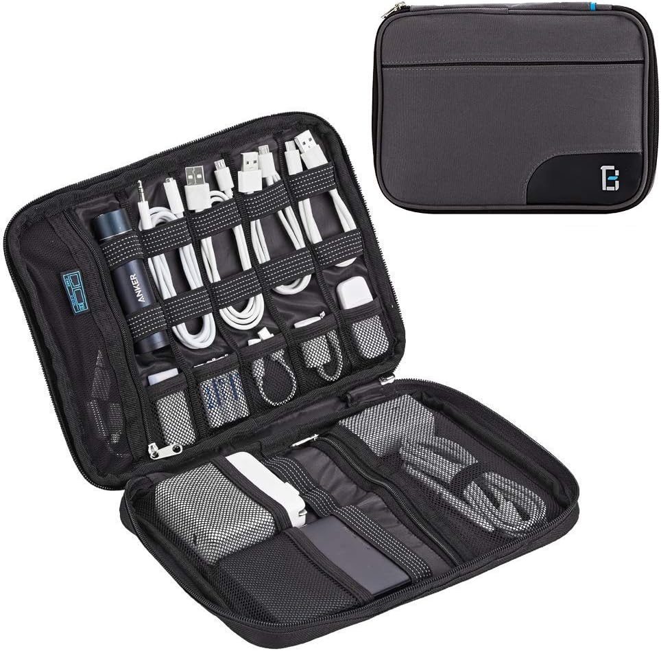 BGTREND Electronics Travel Organizer, Oxford Cable Bag with Strap, Large Tech Organizer Case, Grey
